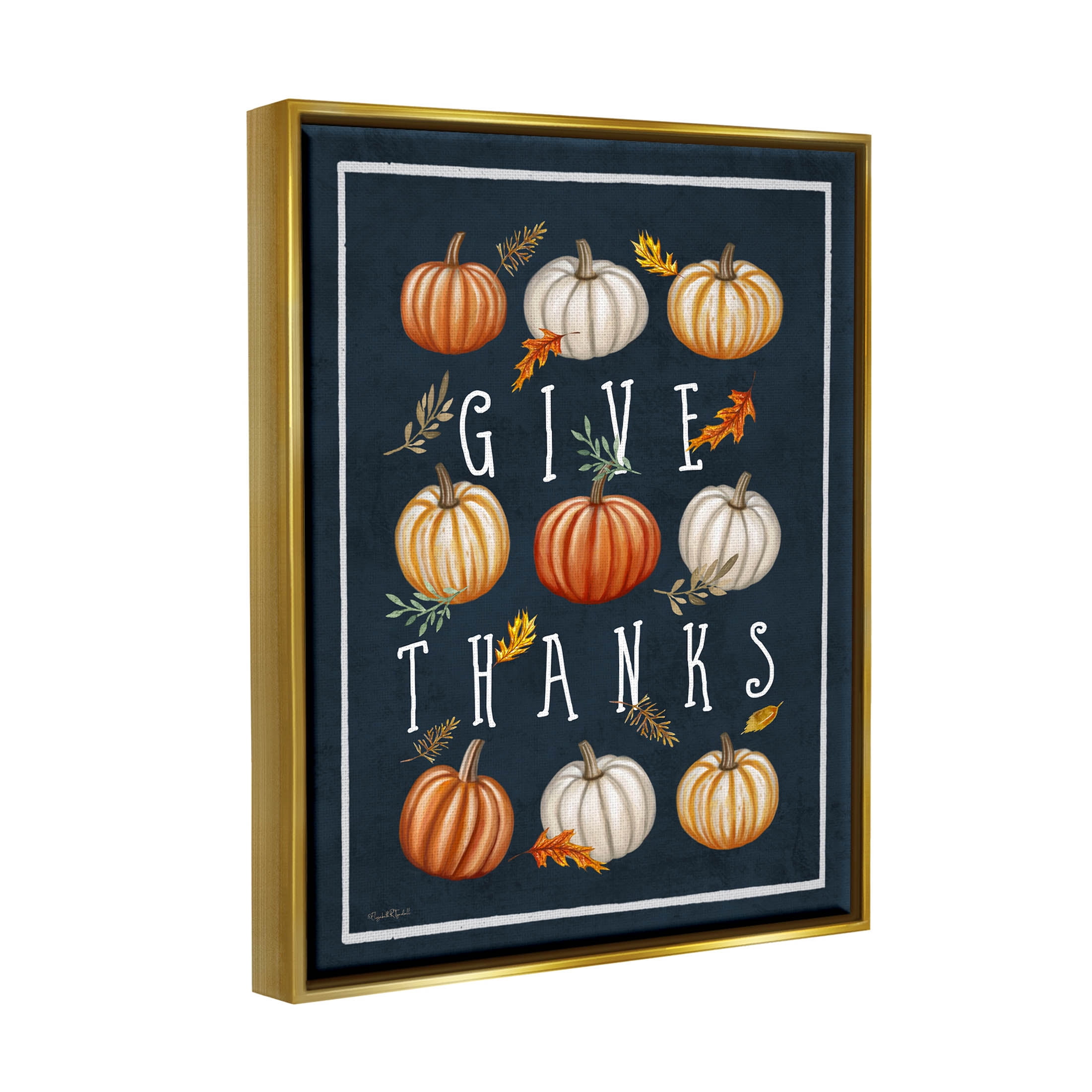 Stupell Industries Give Thanks Autumn Pumpkins Graphic Art Metallic Gold Floating Framed Canvas Print Wall Art, Design by Elizabeth Tyndall