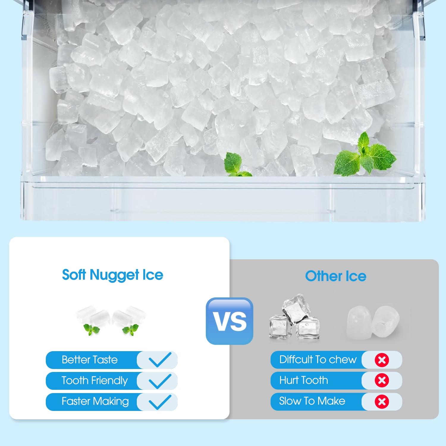 VECYS Nugget Ice Maker with Steel Trim, 33LBS/Day Self-Cleaning