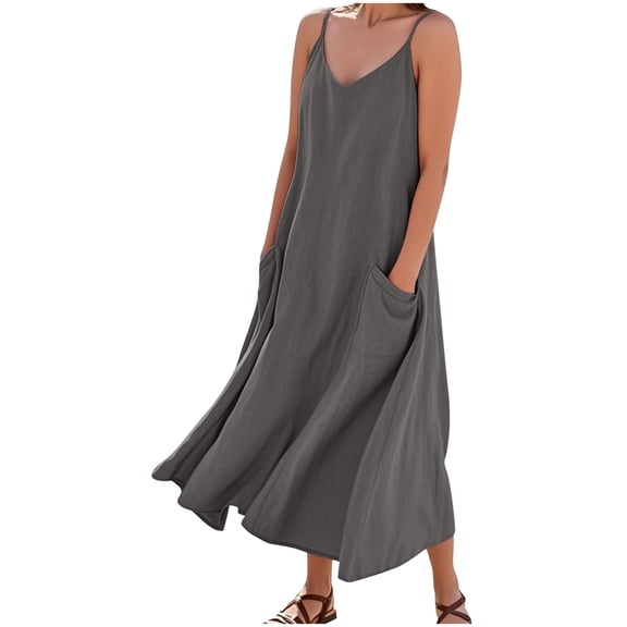 Summer Sun Dresses for Women 2026 Sleeveless V Neck Spaghetti Strap Pockets Maxi Dress Casual Cotton Linen Dresses Loose Fit Flowy Dress