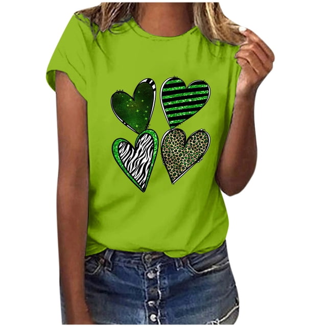 QIPOPIQ T-Shirts à Manches Courtes pour Femmes à Col Ras du Cou T-Shirts de la Saint-Patrick T-Shirt Trèfle pour Dames T-Shirt Vert T-Shirts de la Saint-Patrick T-Shirts Léopard Cœur T-Shirts Amples pour les Fêtes T-Shirts Graphiques Offres