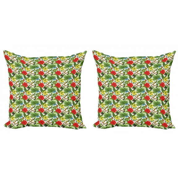 Ambesonne Exotic Throw Pillow Cover 2 Pack, Cheerful Hibiscus Butterfly, 16", Olive Green Multicolor