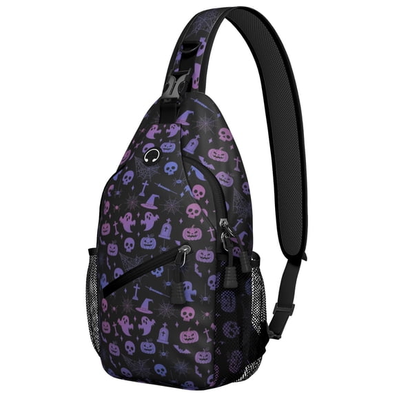 Sling Backpack,Purple Halloween Ghost Pumpkin Skull Pattern Sling Bag with Water Bottle Holder,Waterproof Sling Bag for Men/Women with Headphone Jack for Hiking,Travel