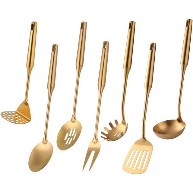 7 Pcs Round Handle Cooking Utensil Set, 304 Stainless Steel Gold Titanium Plated Cookware Sets with Public Fork/Spoon, Potato Mashers, Slotted Spatula, Soup Ladle, Pasta Server, Kitchen Tool Gadget