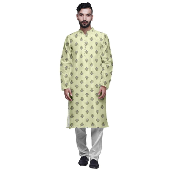 Atasi Printed Long Kurta For Men With White Churidar Pyjama Set Traditional Wear