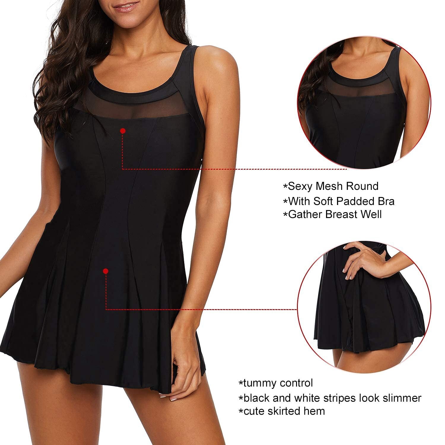 Zando Women's One Piece Bathing Suit Tummy Control Swim Dress with Skirt Swimming Suits for Women Black Prime 4XL