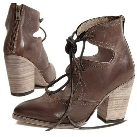 

ankle boots women s winter fashion squared heel vintage round toe lace up ankle boots