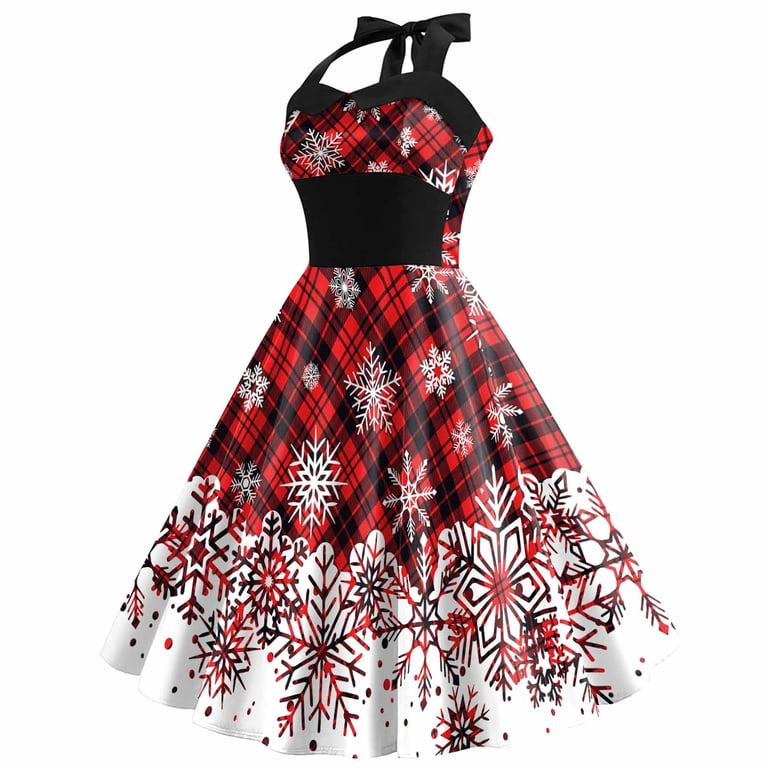 BLTIBY Women's Christmas Vintage Halter Dress Printed 1950s Retro Cocktail  Dresses Sleeveless Swing Fashion Outfits Knee Length Wine M - Walmart.com