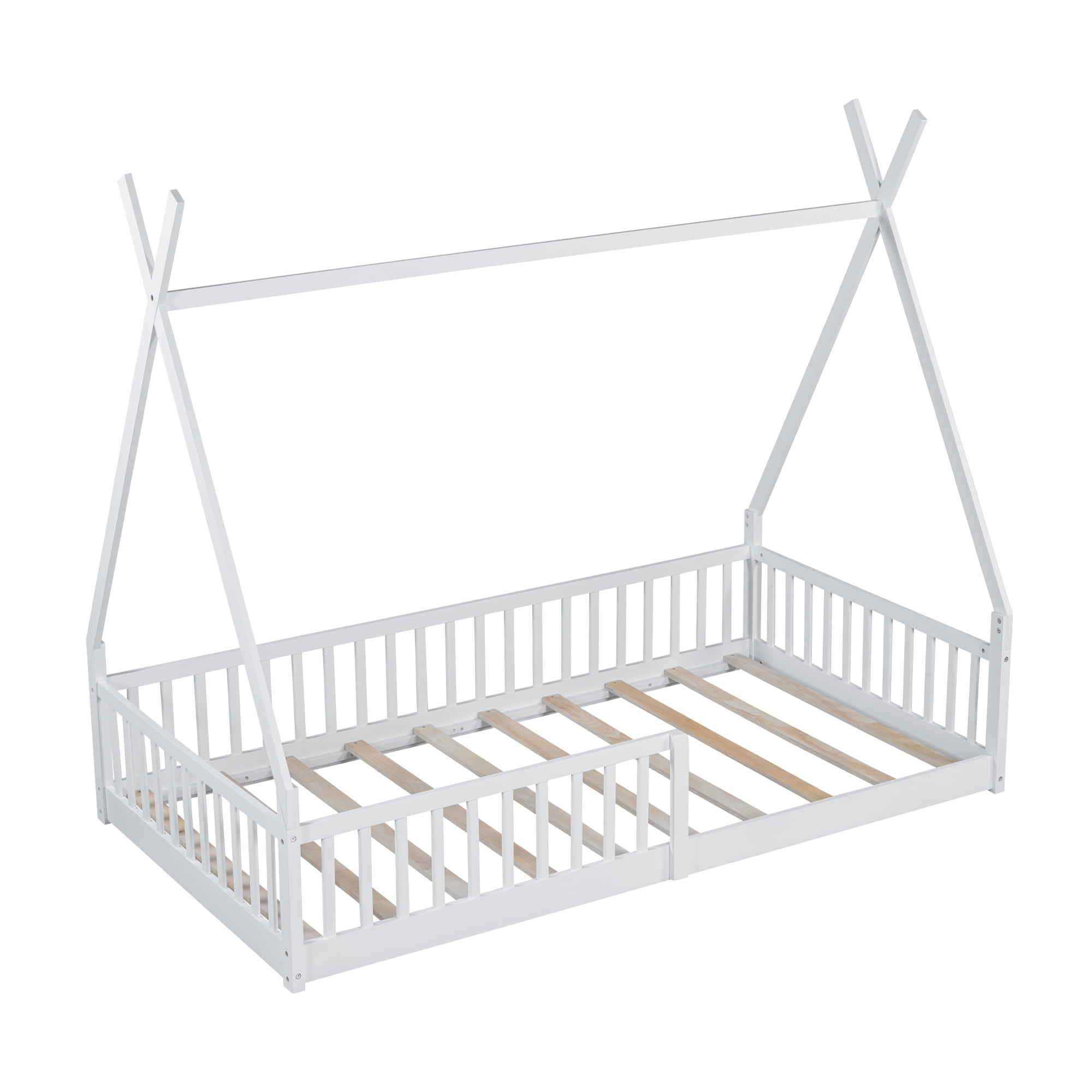 Harper & Bright Designs Floor Bed for Boys Girls, Twin Size Teepee Tent Beds, Montessori Floor Bed with Slats and Fence Rails, Wood House Bed Frame for Boys Girls, White
