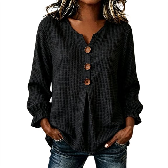 Yigetop Long Sleeve Shirts for Women Fall Fashion V Neck Button Blouse Casual Loose Fit Lightweight Tops Soft Breathable Shirts for Daily Work Outfits Black L