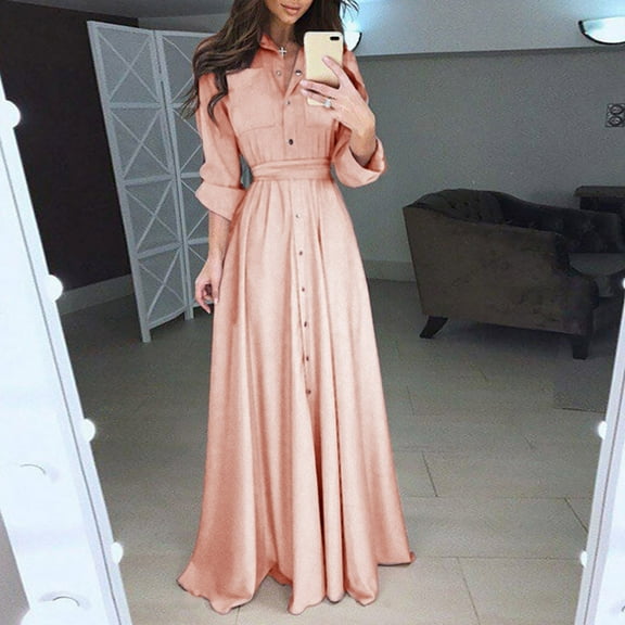 Abcnature Women's Pleated Maxi Button Down Shirt A-line Dress,High Waist Long Dress Summer Solid Color Button Bandage Dress Cocktail Party Elegant Dress,Evening Dress for Women L