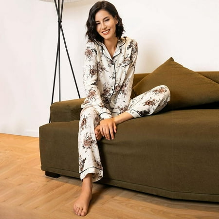 

WBQ Womens Pajamas Set Floral Print Long Sleeve Lapel Top and Drawstring Pants 2 Piece PJs Slim Sleepwear