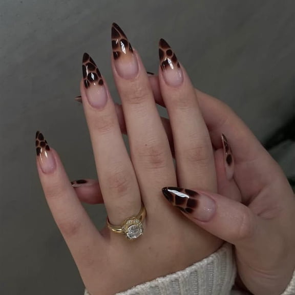 CuteHelper Tortoise Shell Press-On Nails - 24PCS Long Stiletto, Glossy Sheer Pink with Brown Tip Art, Non-Toxic & Reusable