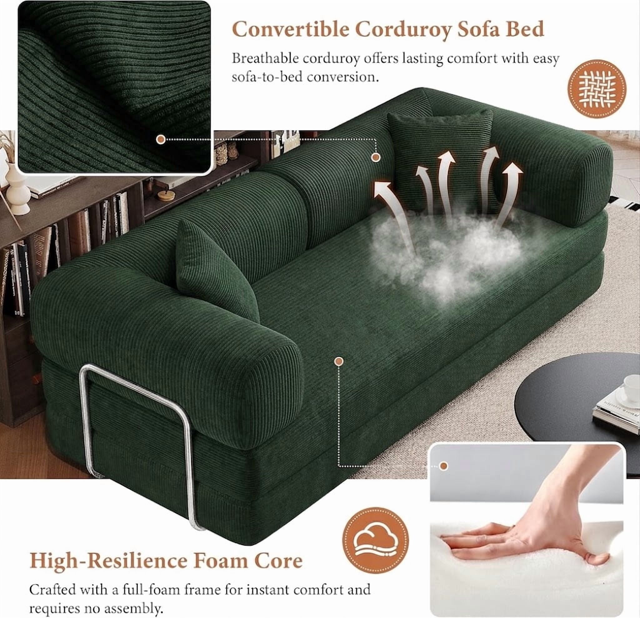 avobird 78" Convertible Sofa Bed, 5-in-1 Corduroy Futon Pull Out Couch, No Assembly Boneless Sleeper Sofa for Living Room & Bedroom, Green