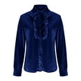 thumbnail image 4 of Lenpel Velvet Tops for Women Vintage Long Sleeve Collared Ruffle Trim Button down Shirts Dressy Casual Velour Blouses(Navy,X-Large), 4 of 6