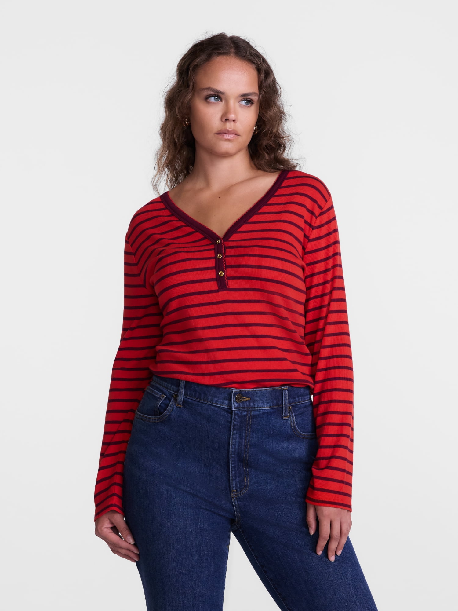 Scenario Women's and Women's Plus Striped Henley Shirt with Long Sleeves, Sizes XS-4X
