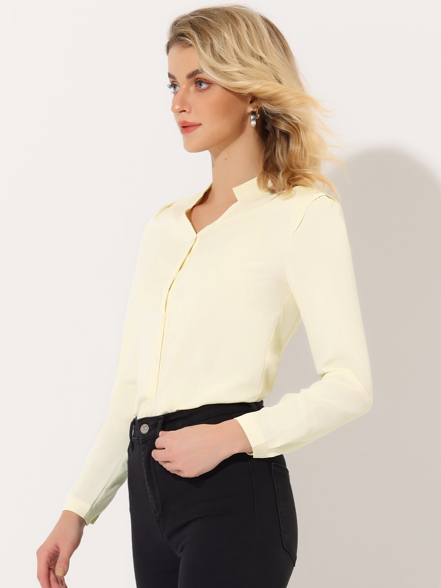 DARING DIVA Women's Elegant V Neck Long Sleeves Button Down Shirt M Beige