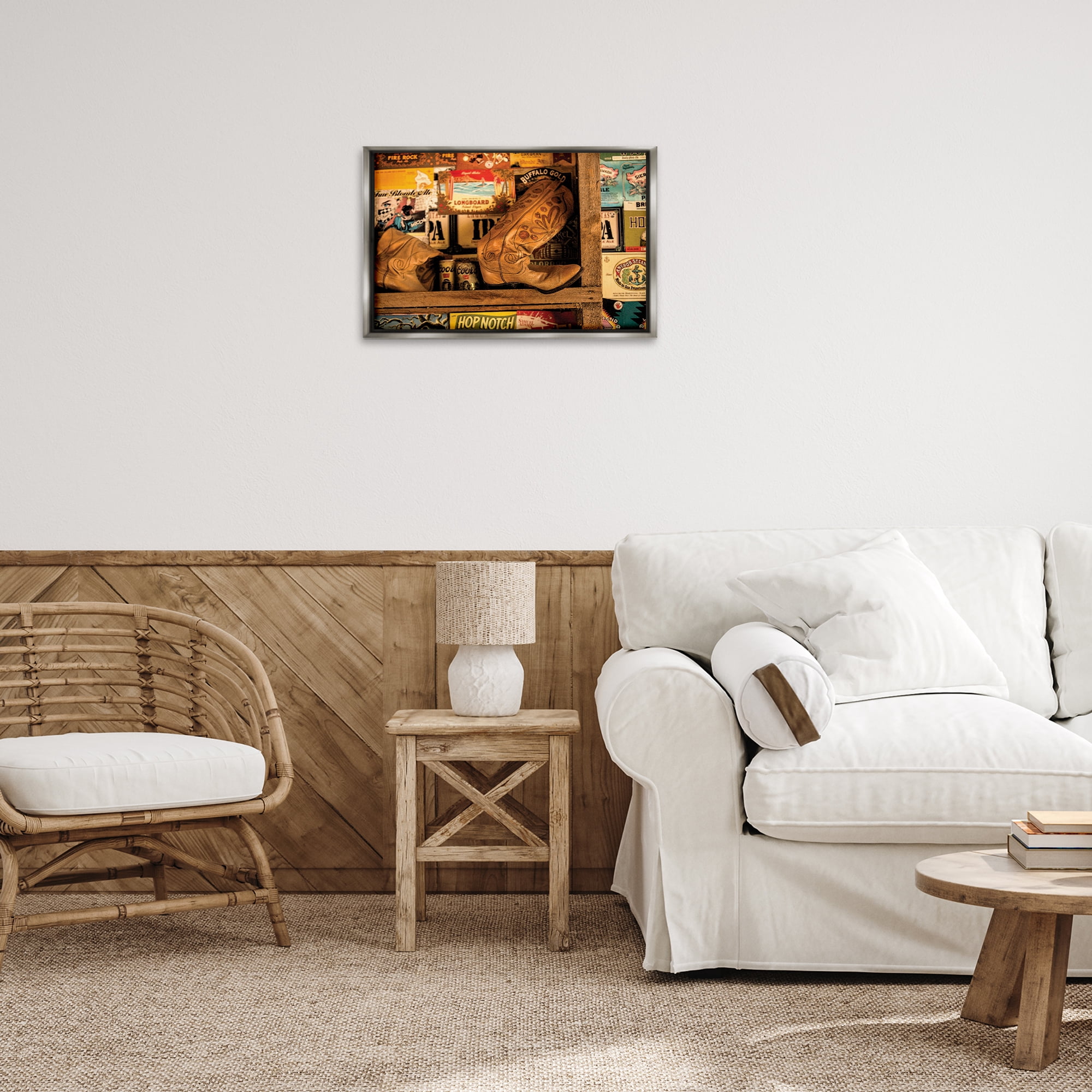 Stupell Industries Western Boots on Shelf Beauty & Fashion Painting Gray Floater Framed Art Print Wall Art, 25 x 17