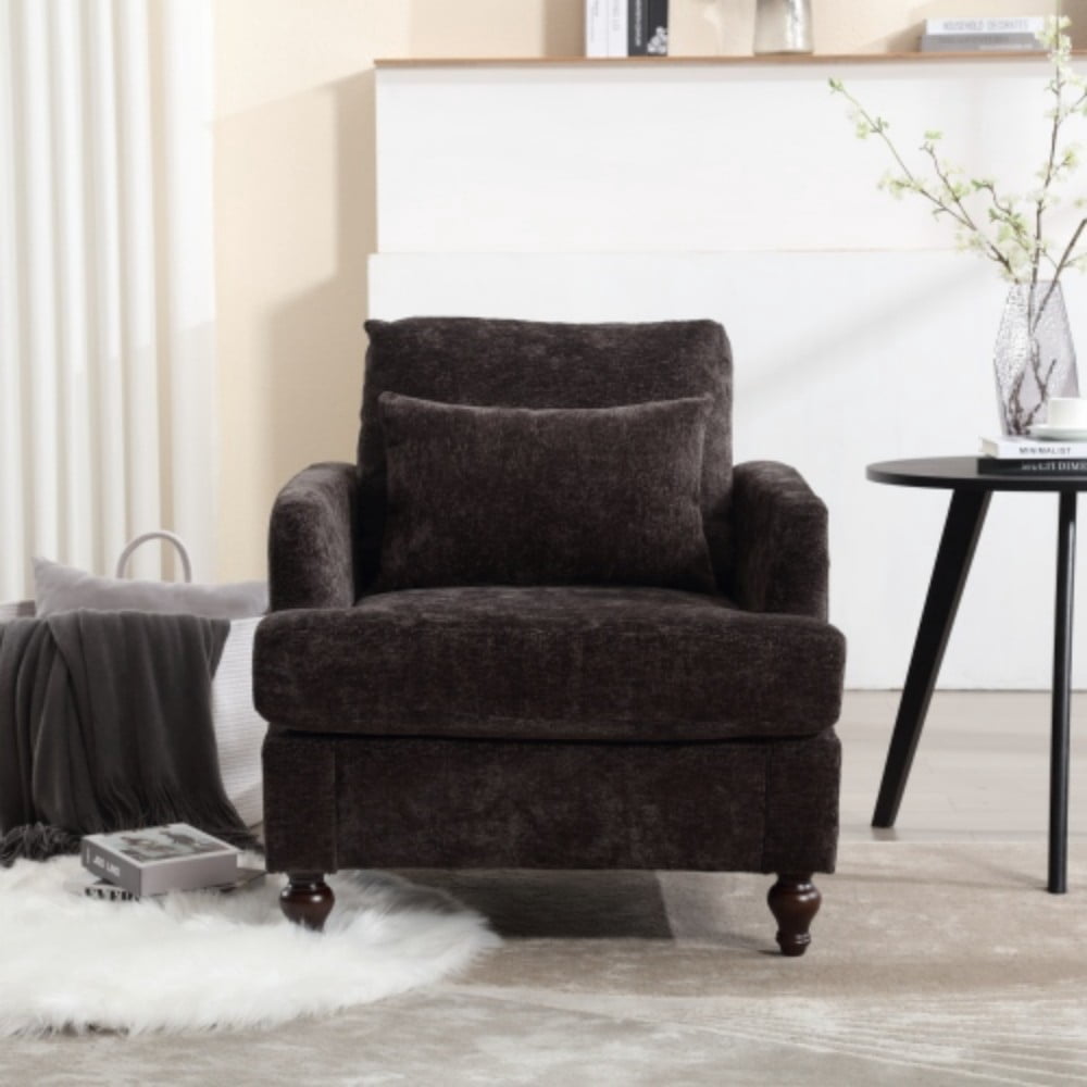 Accent Chair, Mid Century Modern Chenille Armchair with Tufted Back, Studded Solid Wood Frame, Upholstered Lounge Chair for Living Room, Bedroom, Black