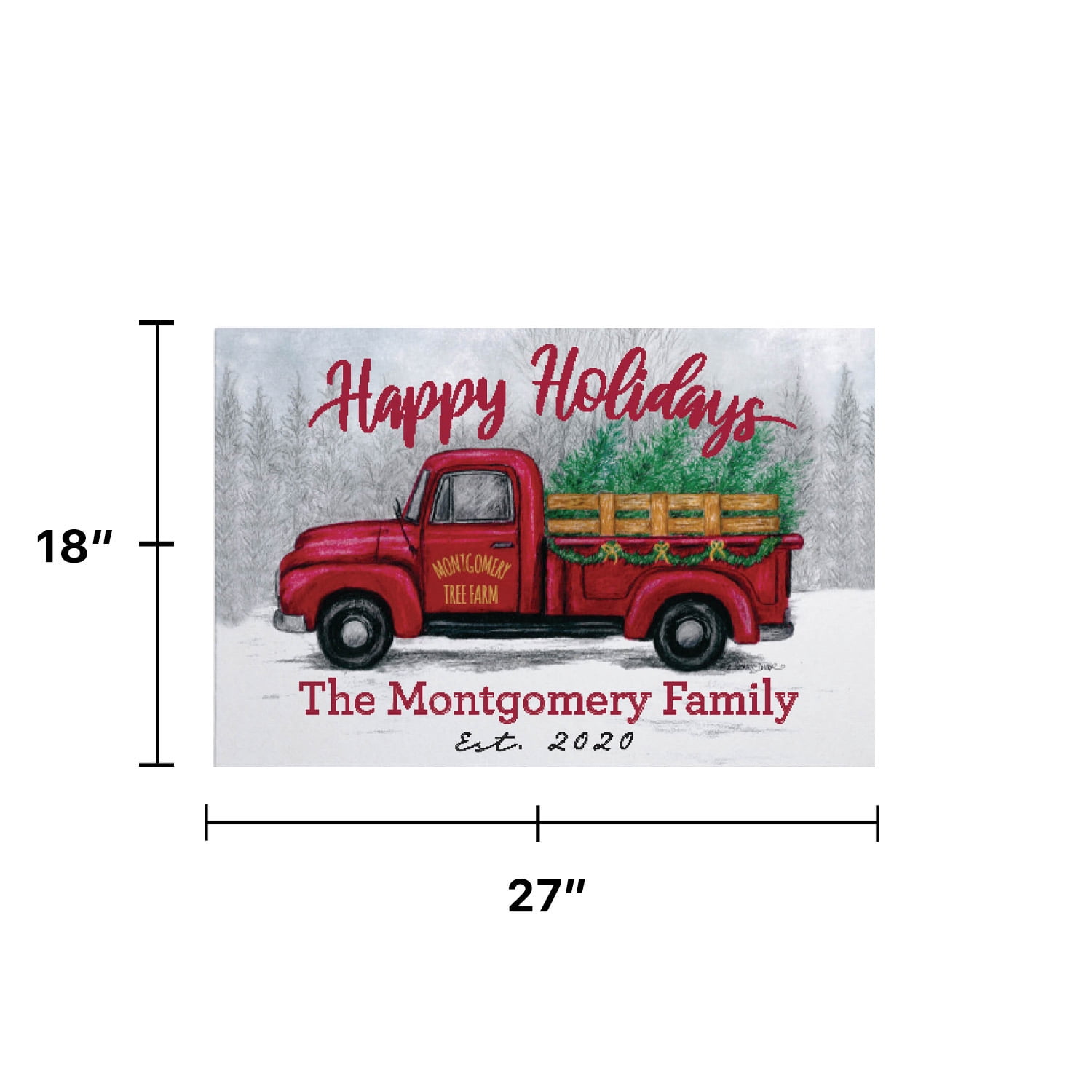 Personalized Planet 27x18 Happy Holidays Red Christmas Tree Vintage Farm Tuck Doormat with Custom Personalization Printed on Rectangular 1/4” Thick Non Slip Mat for Kitchen Hallway Deck or Porch