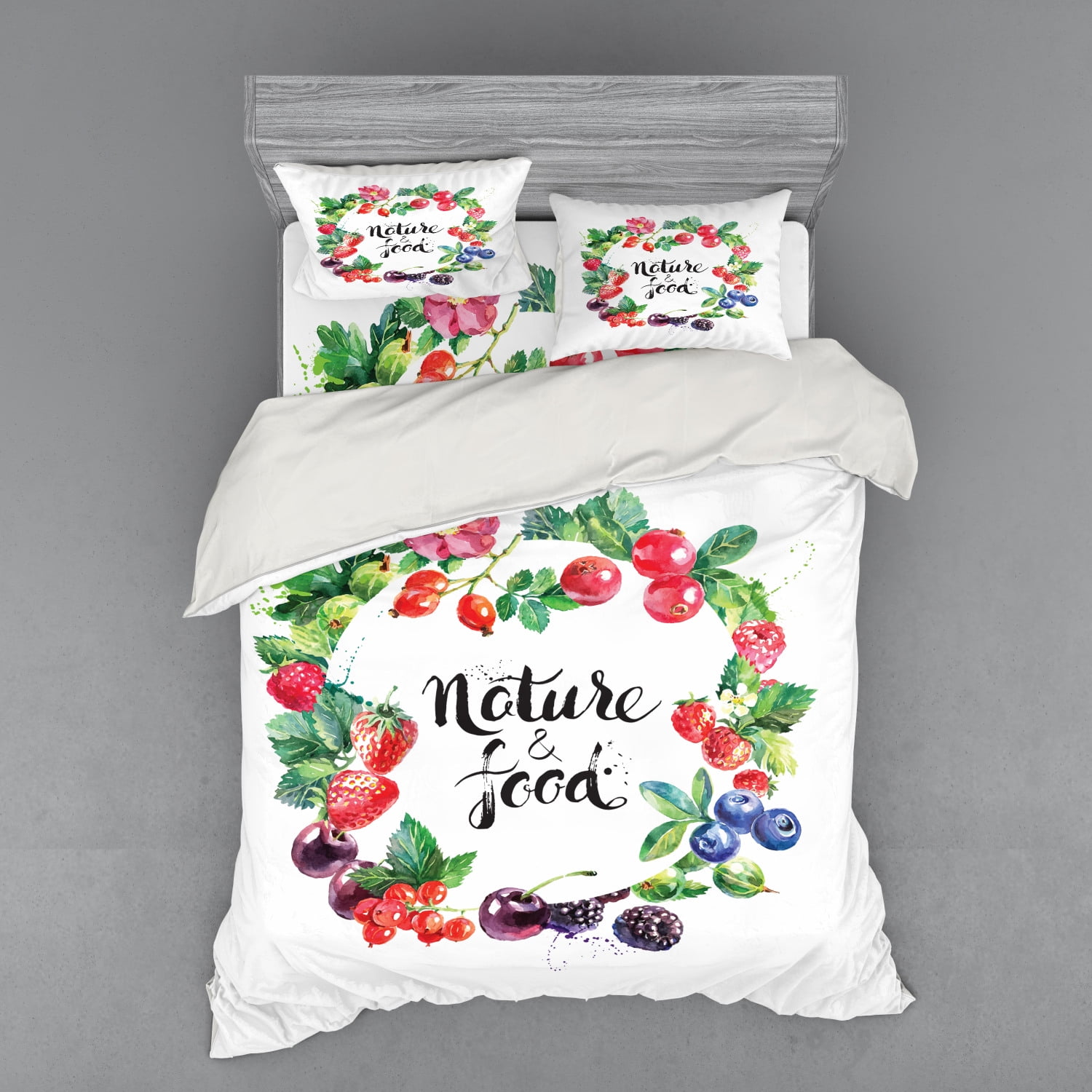 Fruit Duvet Cover Set, Hand Drawn Watercolor Style Berries with Foliage