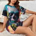 thumbnail image 4 of Pofeuu Modern Abstract Colorful Skull A Print Women's Pajama Set Short/Shorts Soft Button PJs Elastic Drawstring Waist Sleepwear-Medium, 4 of 6