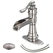 BWE Brushed Nickel Bathroom Faucet Waterfall Farmhouse Sink Mixer Tap Deck Mounted Single-Handle with Drain Assembly and Supply Hose Lead-Free Lavatory