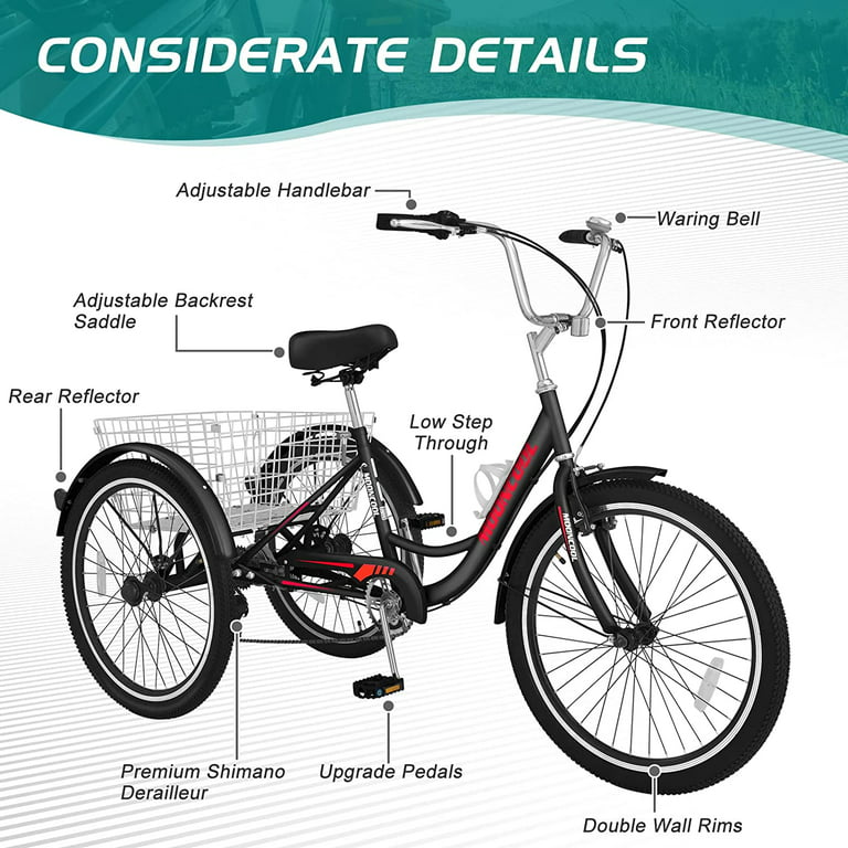 Adult Tricycles, 7 Speed Adult Trikes 24/26 inch 3 Wheel Bikes, Cruise Bike  with Basket for Seniors, Women, Men for Recreation, Shopping, Exercise