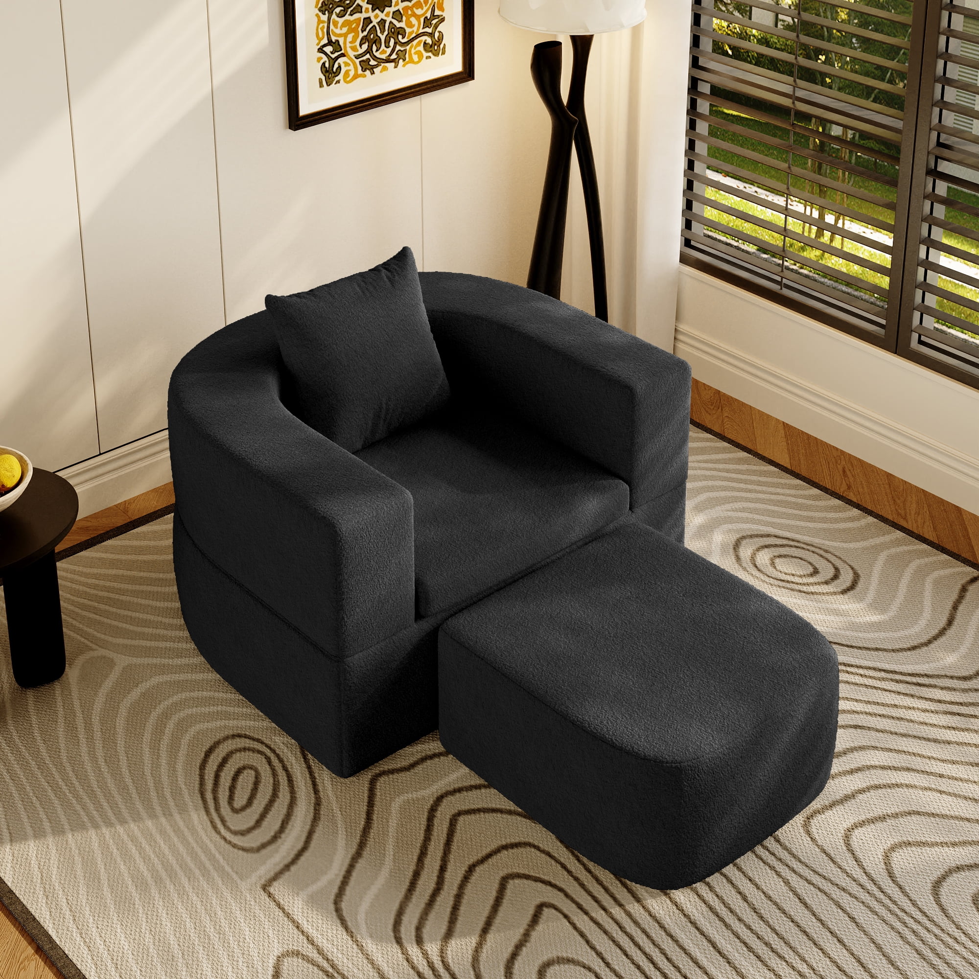 The Magic Home 41" Futon Sofa Bed Teddy Fleece Futon Couch Convertible Sleeper Floor Sofa Bed Upholstered Couch Reading Chair for Living Room, Black Couch, No Assembly