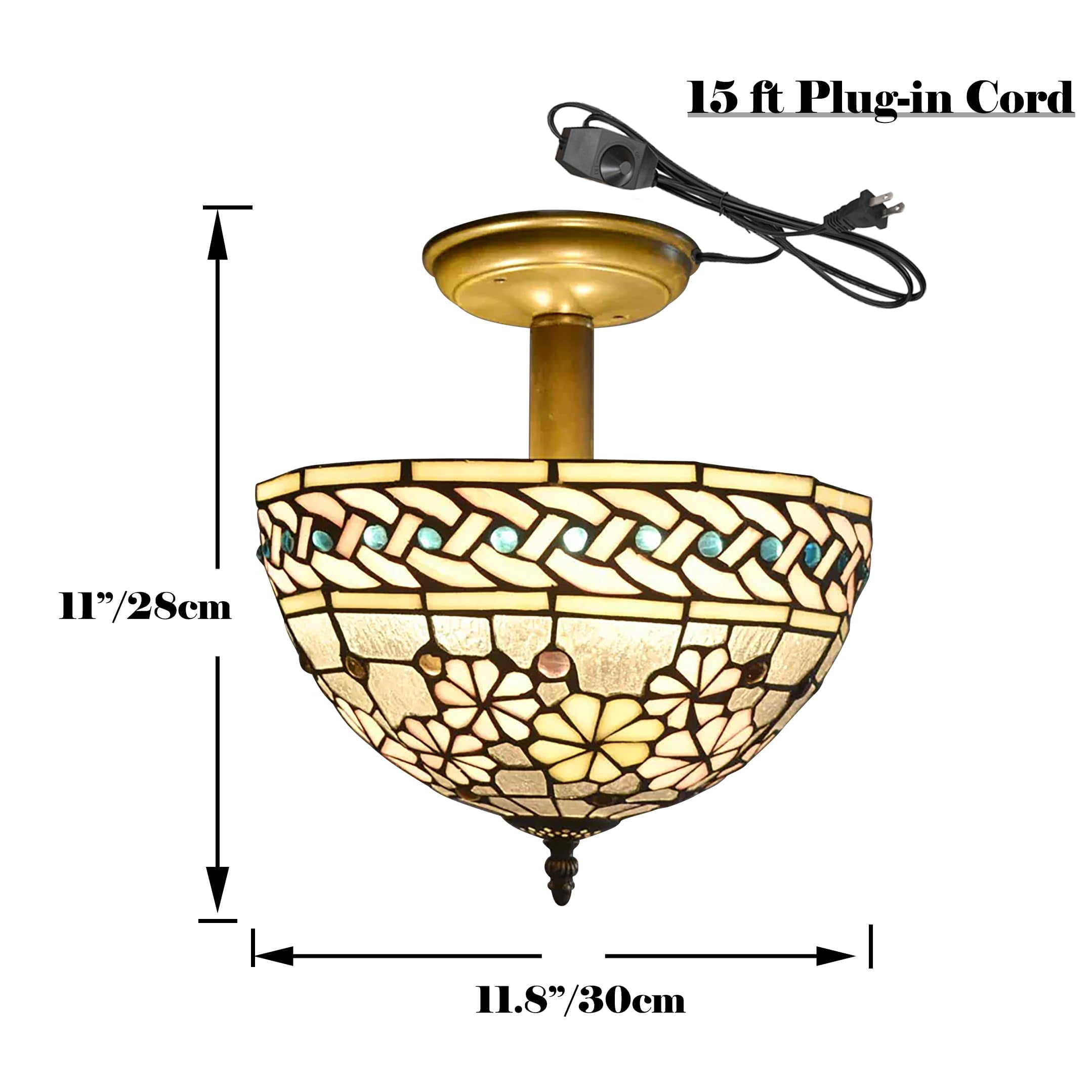 Kiven 11.8in Flush Mount Ceiling Light Fixture Dimmable, 2-Light Anti Glare Close to Ceiling Light with 15FT Plug-in Cord, Tiffany-Style Glass Chandelier for Bedroom Kitchen Hallway(No.3191)