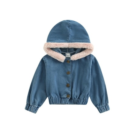 

Jxzom Toddler Girls Hooded Denim Coat Long Sleeves Button Closure Thick Autumn Winter Jean Jacket