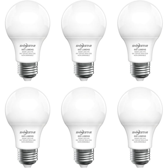 SHINESTAR A19 Ampoule LED, Ampoules de 60 Watts 5000K Lumière du Jour Blanche, Base Standard E26, Non Dimmable, Lot de 6