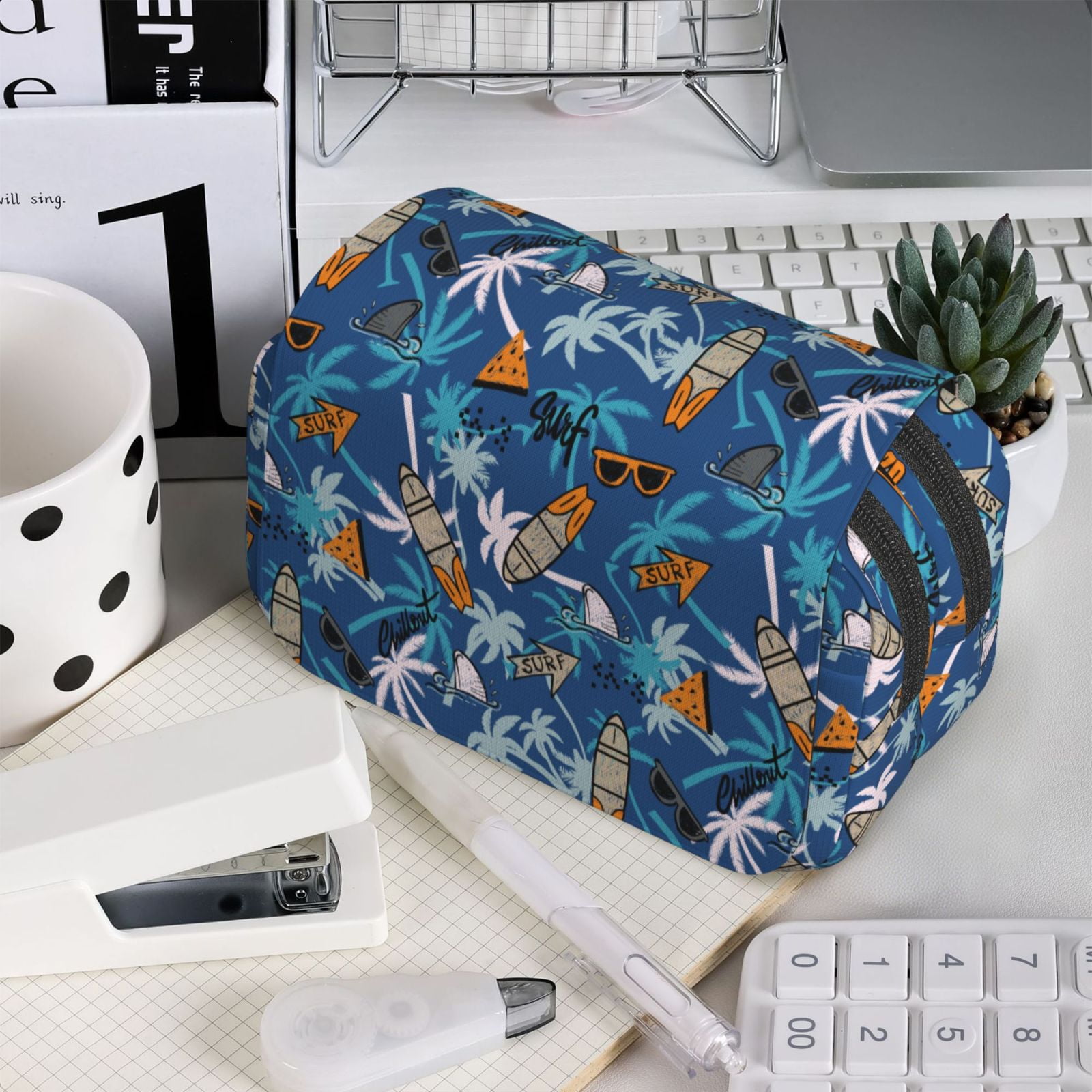 Rateoe Hawaiian Style Pattern Double Clamshell Pen Case, Storage Organizer with Two Zipper Compartments– Holds Up to 50 Pencils & Pens