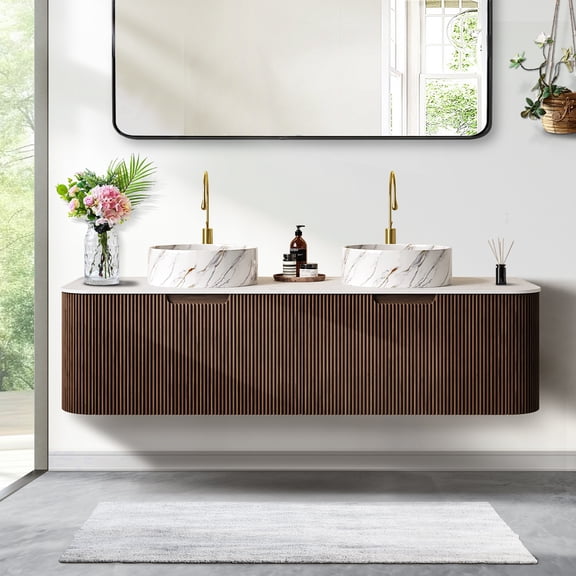 60" Curved Edges Striped Bathroom Vanity with Sink, Floating Plywood Cabinet with 2 Large Drawer, Ceramic Vessel Basin & Artificial Marble Top - Dark Walnut Wood Grain Color Pre-assembled Vanity