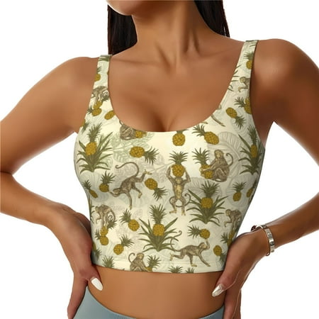 Jgfou Monkeys and Pinealpples Print Womens Sports Bra - Padded Workout Sports Bras Crop Tank Top