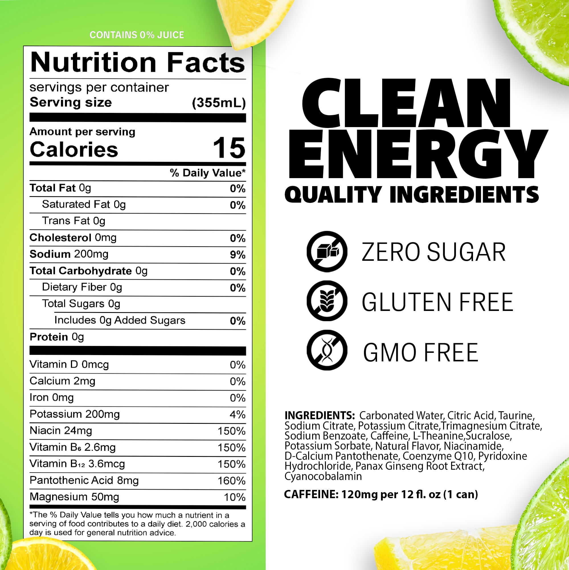 Liquid Ice Energy Drink, Zero Sugar, Citrus Lime 12 Fl Oz 12 Pack, Electrolytes, Clean Energy, 120mg Natural Caffeine, L-Theanine, Green Tea Extract, CoQ10, Antioxidant Support