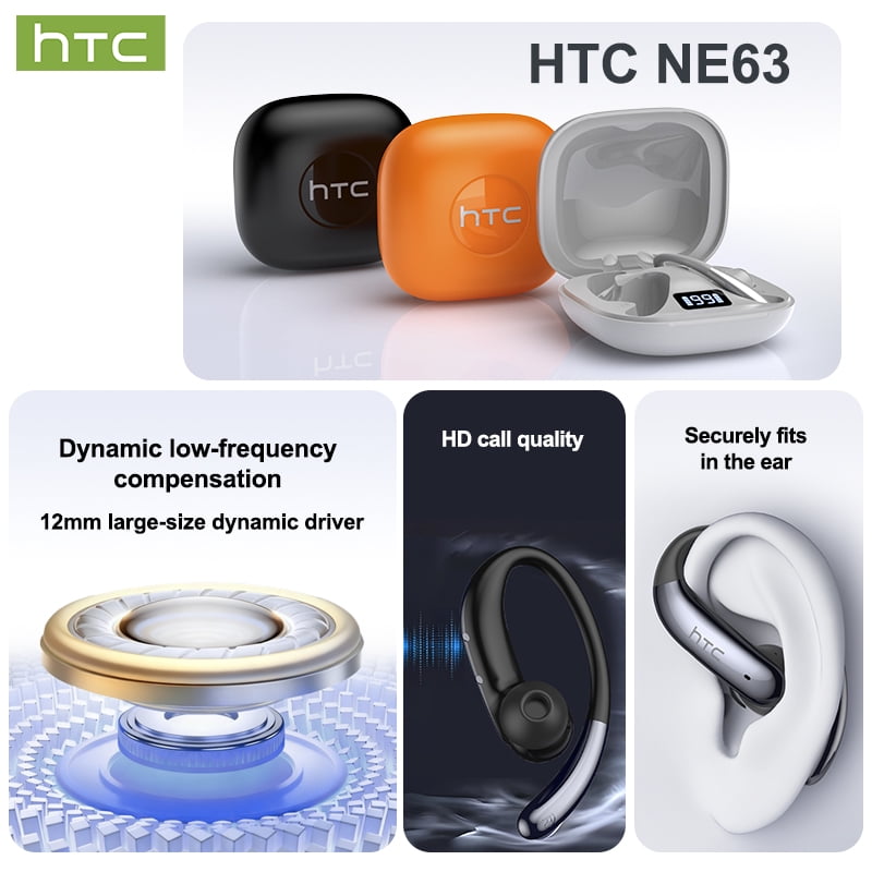 HTC NE63 Wireless Bluetooth 6.0 Open In Ear Earbuds, AI Translator, Noise-Cancelling Headphones, 130+ Languages, 30H,Gray