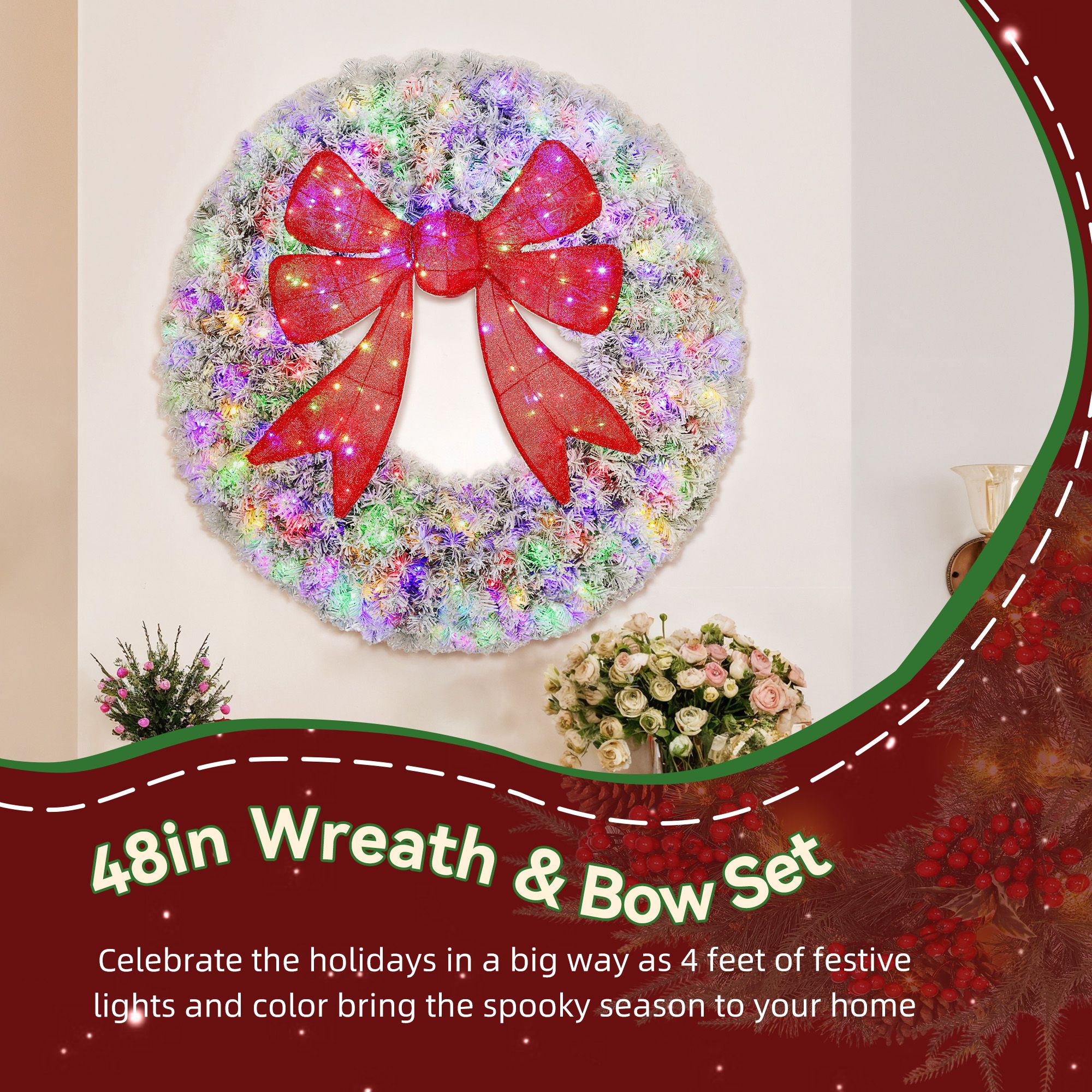 48-Inch Pre-Lit Christmas Wreath with 3D Bow, 200 LED Lights, 11 Lighting Modes, Remote Control, Flocked Front Door Decoration for Indoor and Outdoor Use
