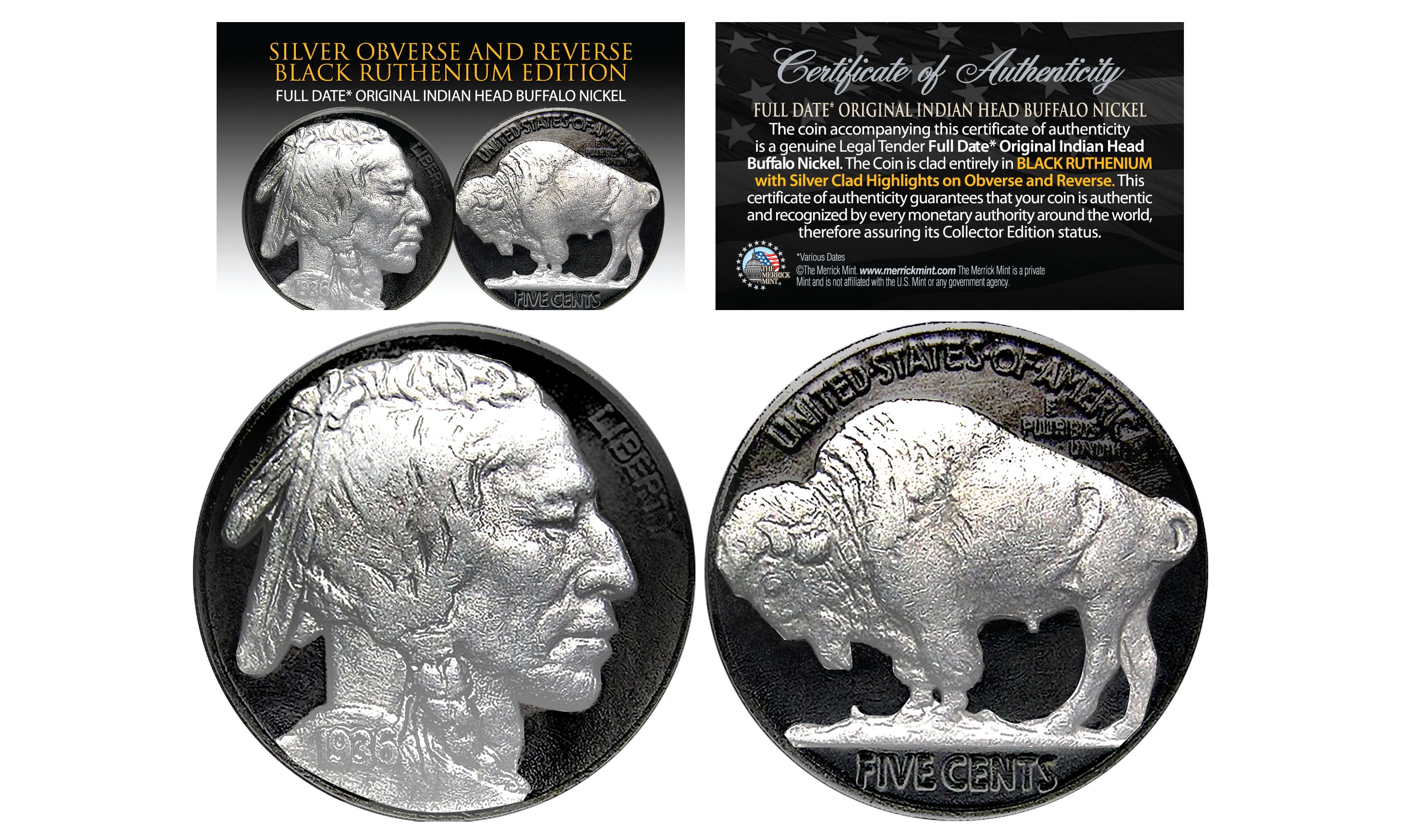 1930's 24K GOLD PLATED Indian Head Buffalo Nickel FULL DATE with BLACK RUTHENIUM 