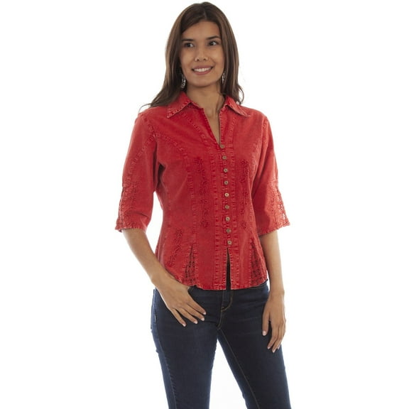 Scully Western Shirt Women 3/4 Sleeve Button S Brick F0_PSL-064