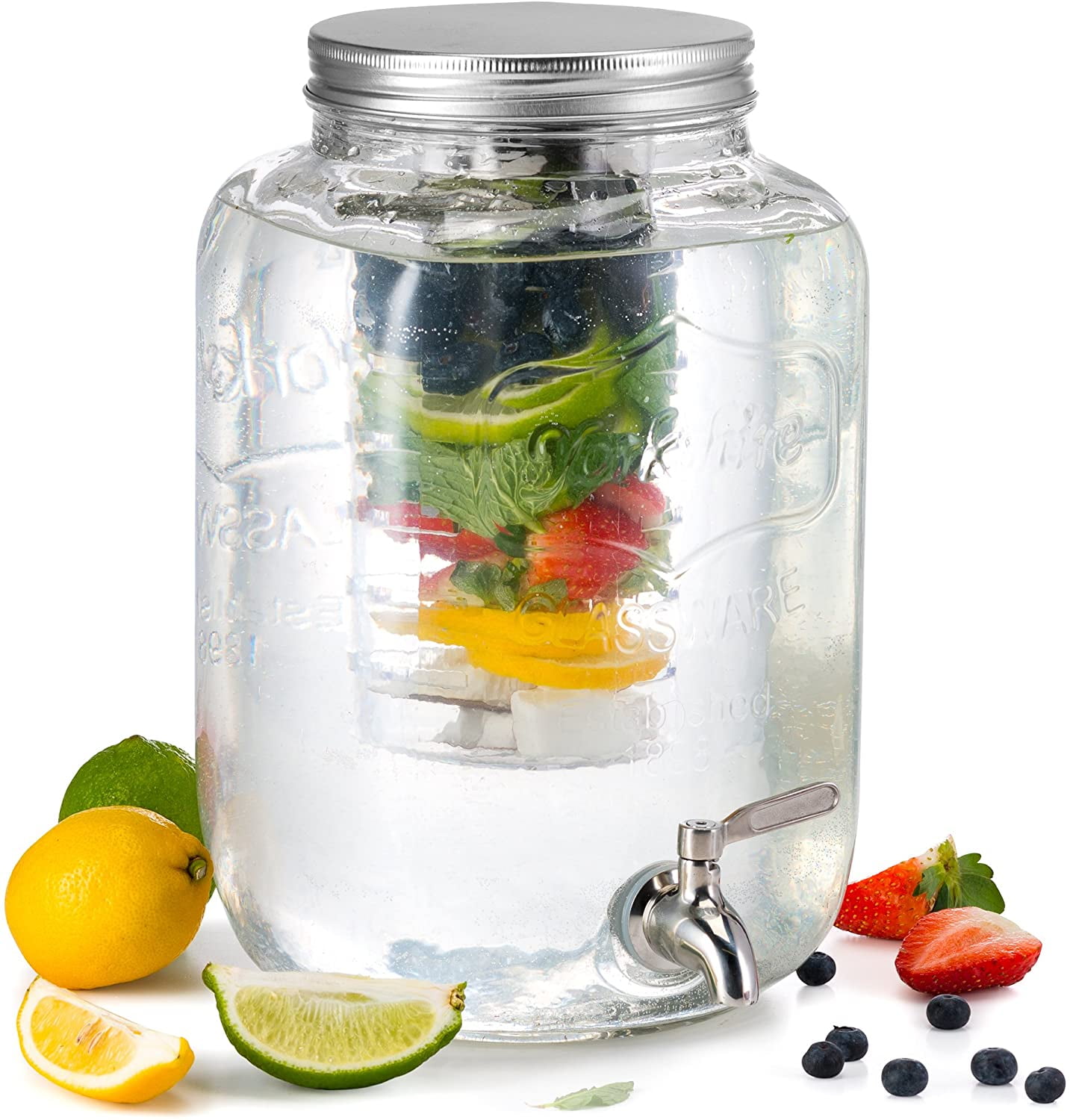 Kook Glass Drink Dispenser with Fruit & Ice Infuser and Stainless Steel Glass Drink Dispenser With Stainless Steel Spigot