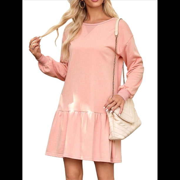 Vestido Estilo Sudadera de Larga para Mujer, Otoño 2025, Cuello Redondo, Punto Acanalado, Patchwork, Minivestidos Informales. Rosa M