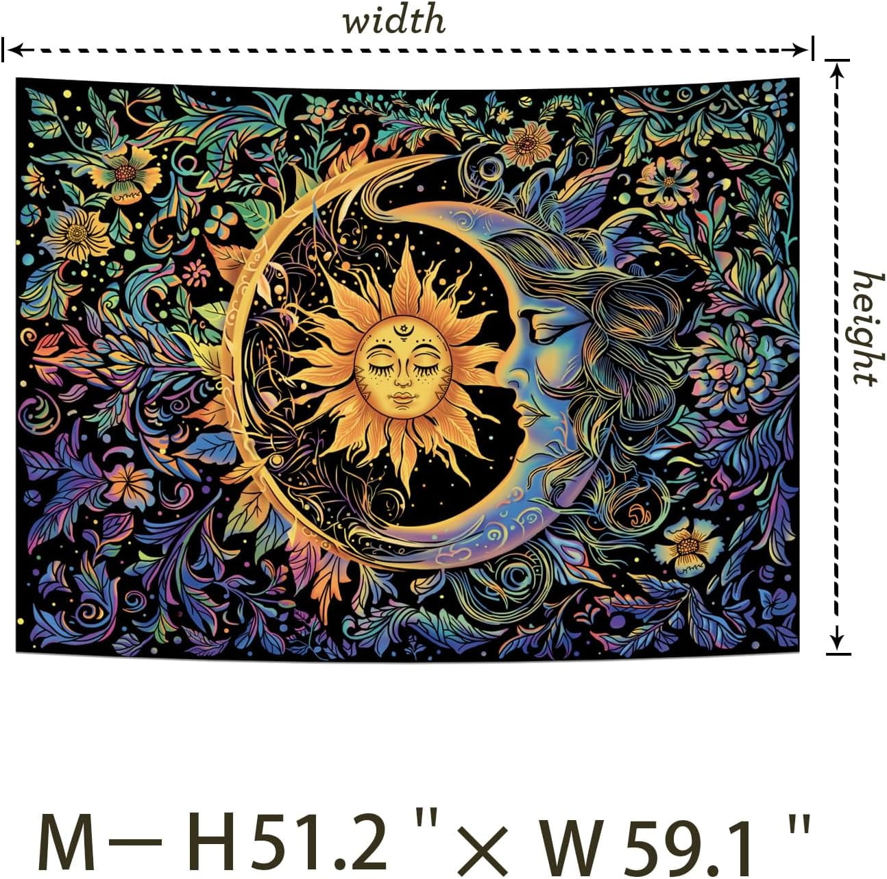 Tapiz Bohemio Hippie Mandala Azul Con Sol Y Luna: Decoración De Pared, Mantel O Colcha, 100% Algodón, Hecho A Mano En India