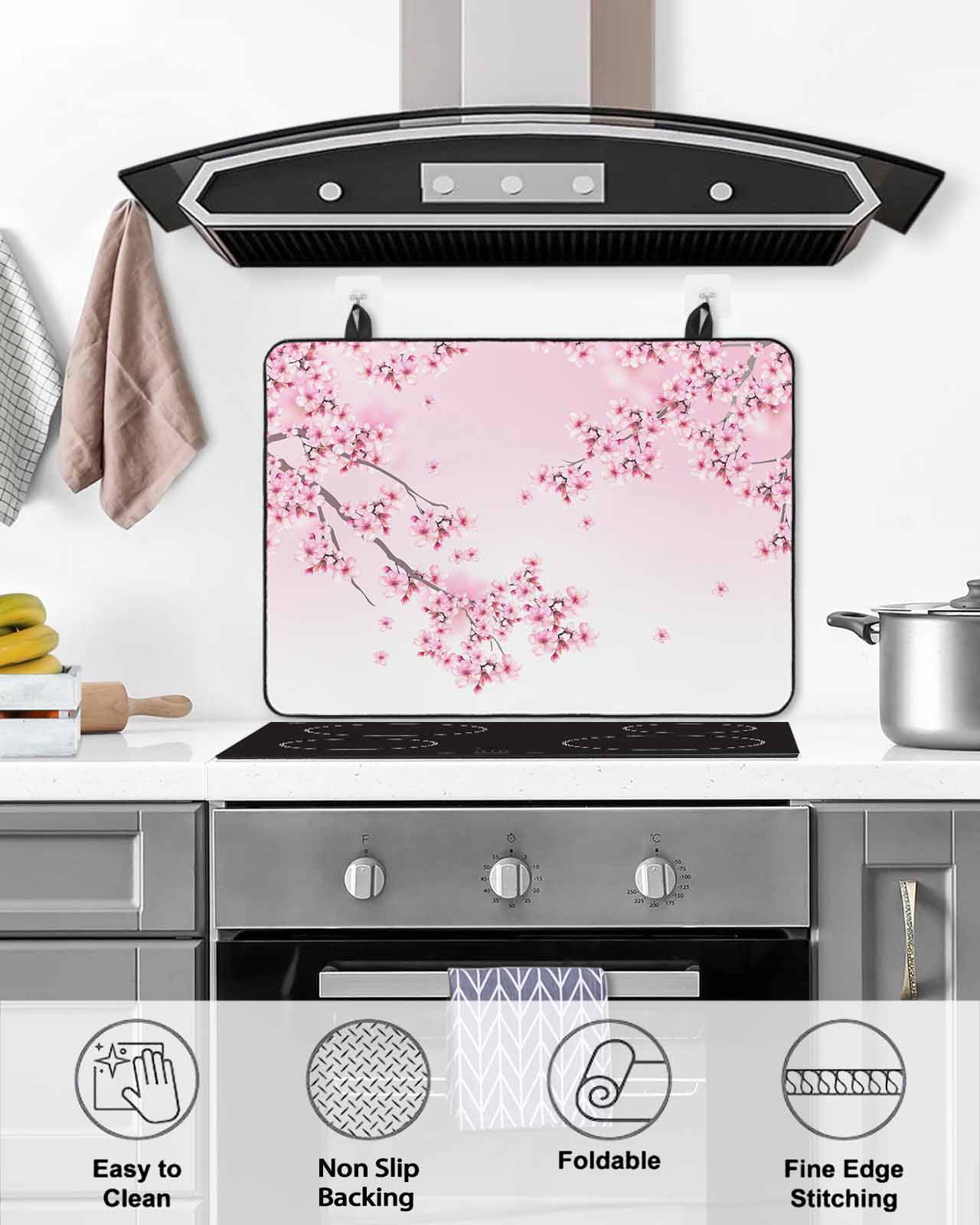 nqOlkjepod Large Induction Cooktop Protector Mat 24"x21", Pink Flowers Stove Top Covers for Electric Stove, Spring Botanical Floral Branches Gradient Stove Burner Cover Mats, Glass Top Stove Cover
