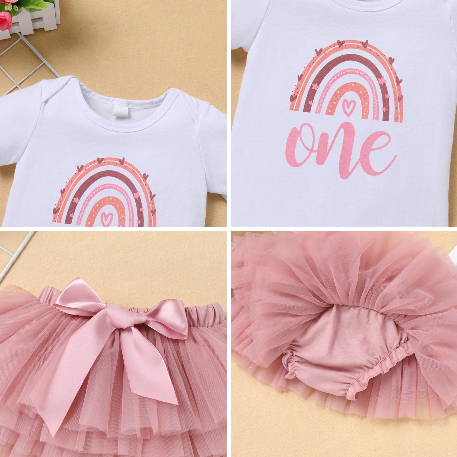 Boho Rainbow 1st Birthday Outfit for Baby Girl One Year Old Party Cake Smash Photo Shooting Cotton Short Sleeve Romper Princess Tutu Tulle Skirt Crown Headband 3pcs Set