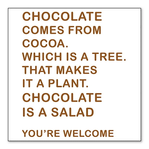 DistinctInk Custom Bumper Sticker - 8" x 8" Decorative Decal - White Background - Chocolate Comes From Cocoa Is A Salad