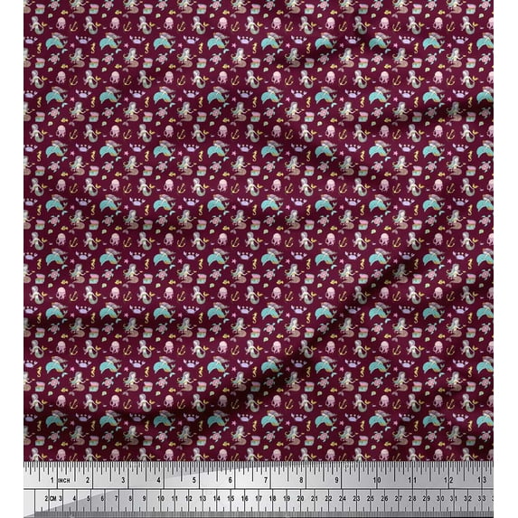 Soimoi Purple Rayon Fabric Mermaid & Dolphin Ocean Print Sewing Fabric Yard 42 Inch Wide