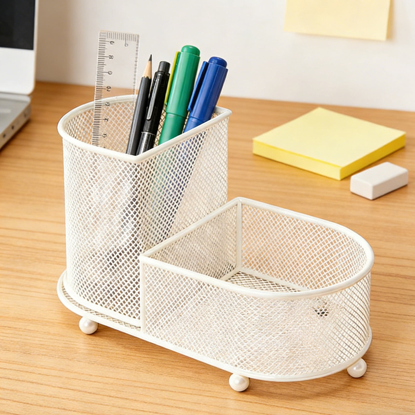 Large Capacity Pen Stationery Organizer Storage Basket - Metal Mesh Desktop Holder, Two Tier Compartment Design, Versatile Office Study Desk Accessory