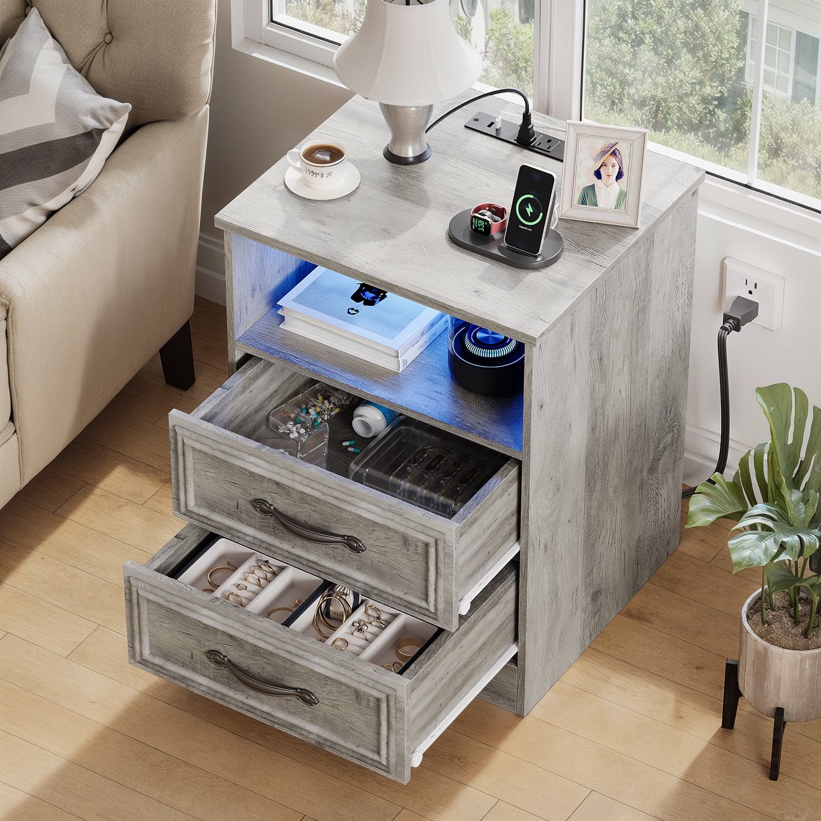 17.7 inch Wide Nightstand with Charging Station&LED , Bedside Table with Open Shelf, 2 Drawers Small Wood Dresser, End Side Table for Bedroom (Gray Wash)