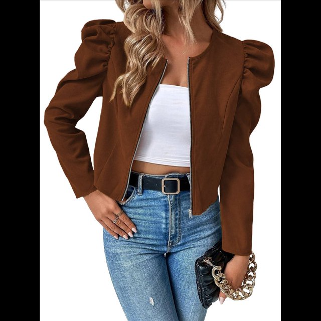 Chaqueta Corta de Larga para Mujer, con Cremallera, Abrigo, Ropa de Abrigo, Atuendo de Otoño, Chaquetones Marrón Oscuro M