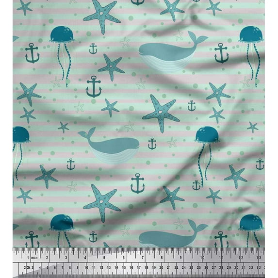 Soimoi Gray polyester Crepe Fabric Whale & Starfish Ocean Printed Craft Fabric by the Yard 52 Inch Wide
